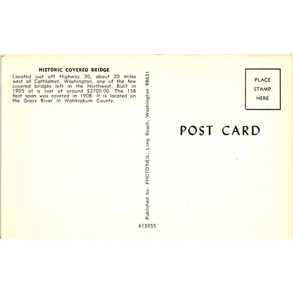Historic Covered Bridge Postcard Travel Unposted Cathlamet Washington River - Picture 2 of 2